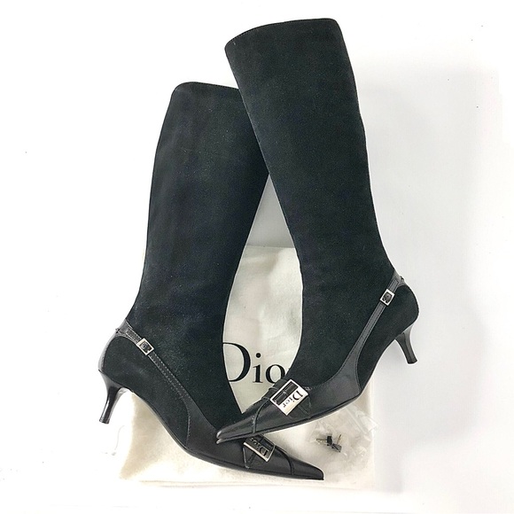 Vintage Dior Galliano Logo Buckle Black Knee High Pointed Toe Boots 37.5 - Picture 1 of 12